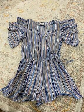 Striped Blue Tie-Waist One-Piece Romper